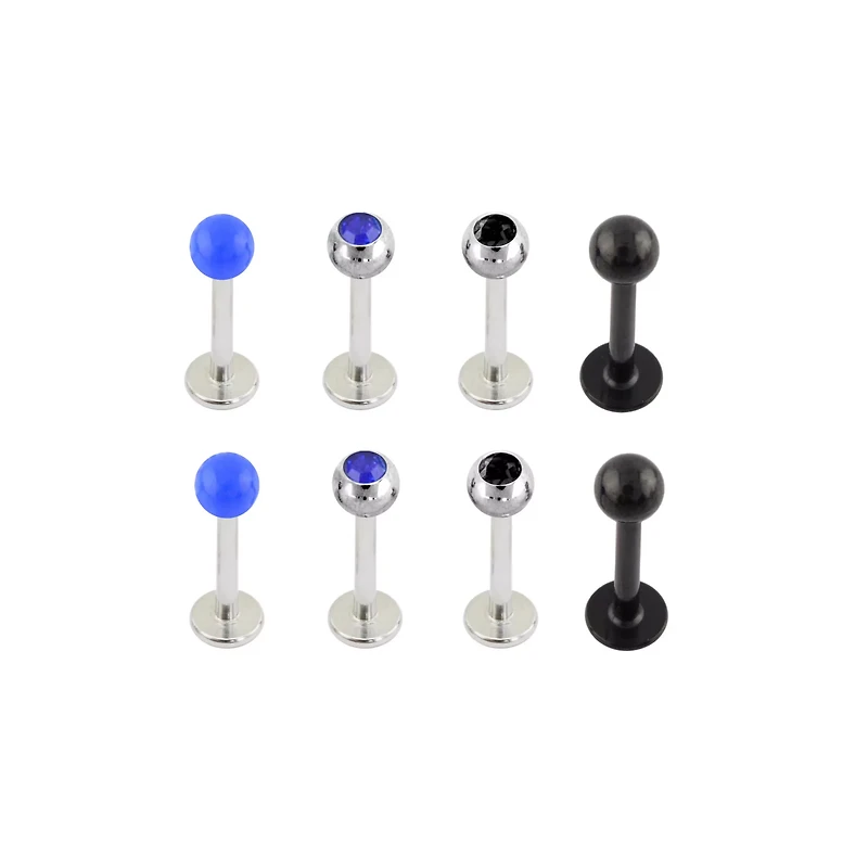 Multi-Pack Black and Blue CZ Labret Lip Rings 8 Pack - 16 Gauge