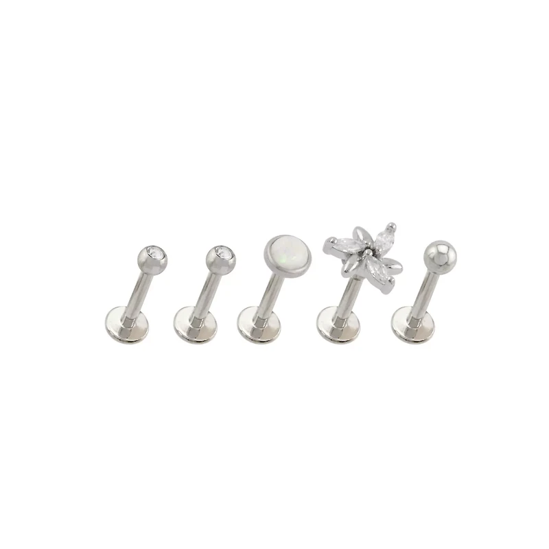 Multi-Pack CZ Flower Opal-Effect Labret Lip Rings 5 Pack - 16 Gauge