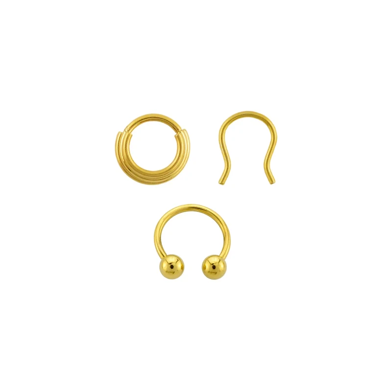 Multi-Pack CZ Gold Plated Chain Hinge Retainer Horseshoe Septum Rings 3 Pack - 16 Gauge
