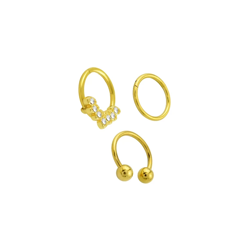 Multi-Pack CZ Gold Plated Hinged Horseshoe Septum Rings 3 Pack - 16 Gauge