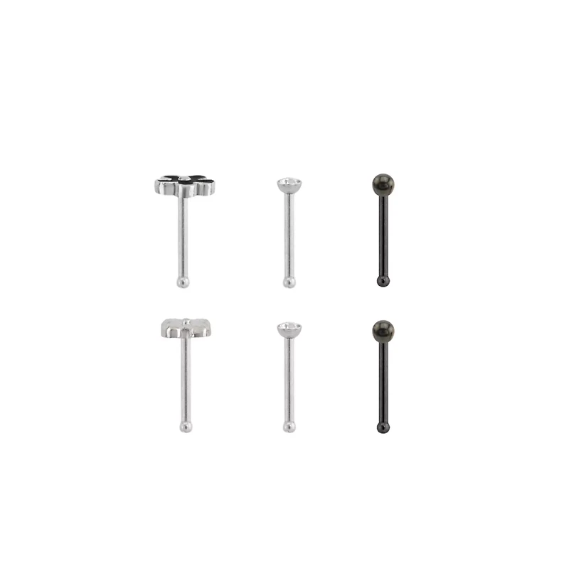 Multi-Pack CZ Black Onyx Flower Nose Pins 6 Pack - 20 Gauge