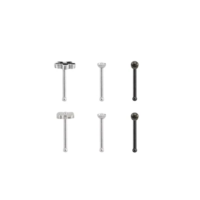 Multi-Pack CZ Black Onyx Flower Nose Pins 6 Pack - 20 Gauge