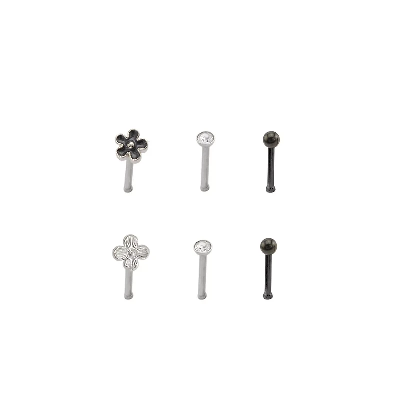 Multi-Pack CZ Black Onyx Flower Nose Pins 6 Pack - 20 Gauge