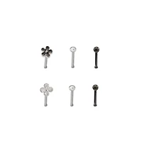 Multi-Pack CZ Black Onyx Flower Nose Pins 6 Pack - 20 Gauge