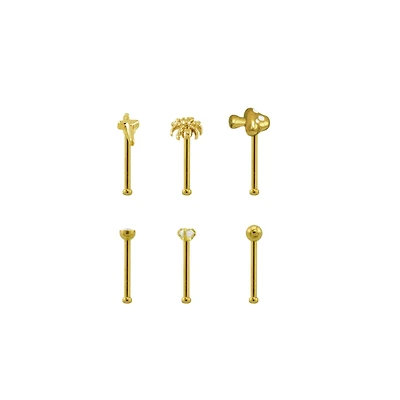 Multi-Pack CZ Gold-Toned Mushroom Nose Pins 6 Pack - 18 Gauge