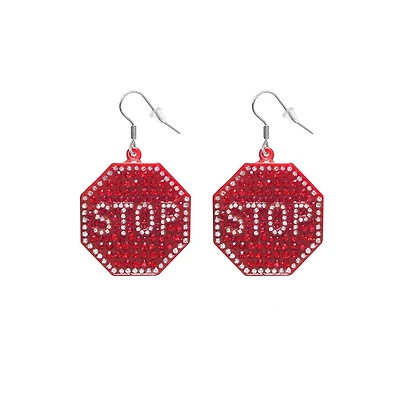 Rhinestone Stop Sign Dangle Earrings