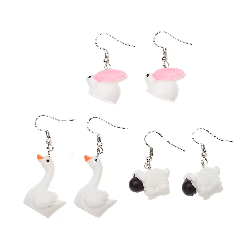 Multi-Pack Bunny, Goose, and Sheep Dangle Earrings - 3 Pair
