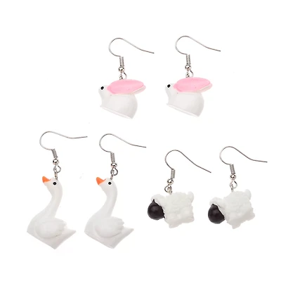 Multi-Pack Bunny, Goose, and Sheep Dangle Earrings - 3 Pair