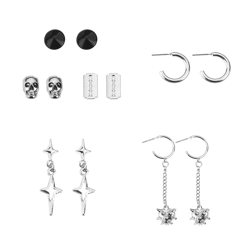 Multi-Pack Silver-Plated Punk Rock Stud and Hoop Earrings - 6 Pairs