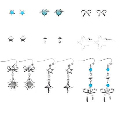 Multi-Pack Blue and Silver-Tone Star Sun Bow Earrings - 9 Pack