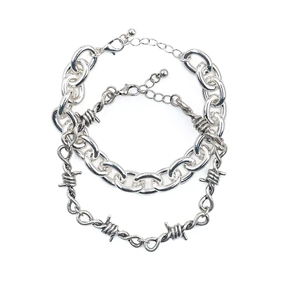 Chain Link and Barbed Wire Silver-Tone Bracelets - 2 Pack