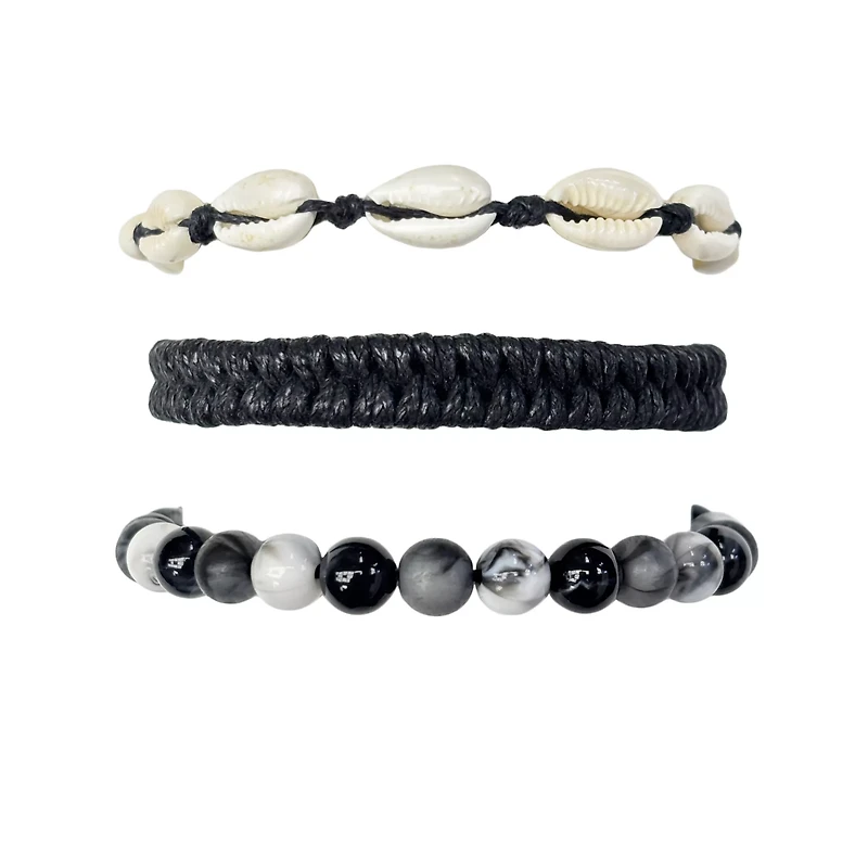 Multi-Pack Black and White Puka Shell Beaded Bracelets - 3 Pack