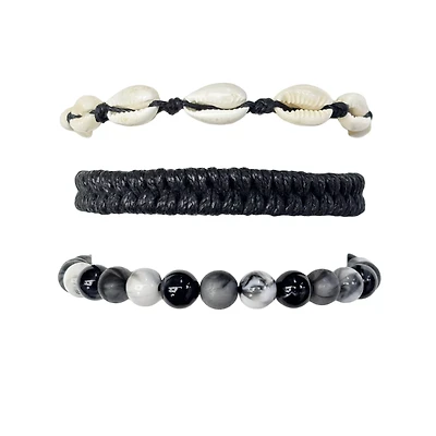 Multi-Pack Black and White Puka Shell Beaded Bracelets - 3 Pack