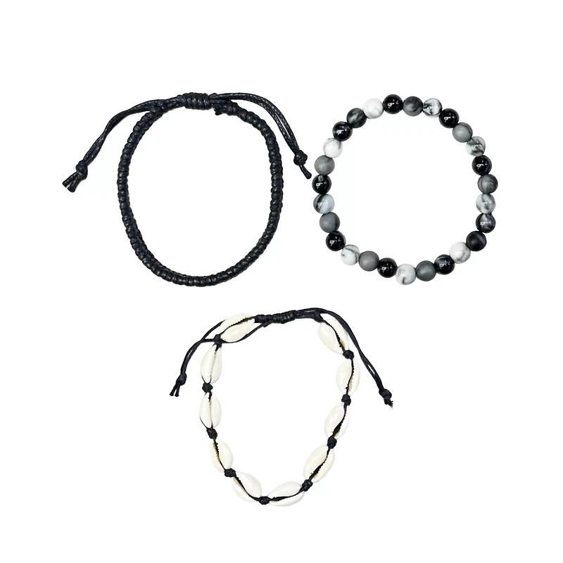 Multi-Pack Black and White Puka Shell Beaded Bracelets - 3 Pack