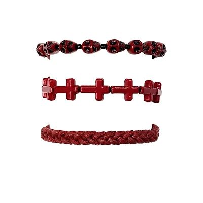 Multi-Pack Red Skull and Cross Beaded Bracelets - 3 Pack