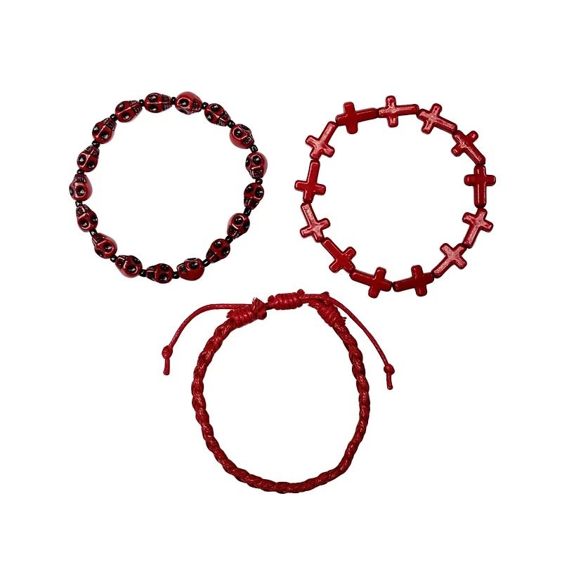 Multi-Pack Red Skull and Cross Beaded Bracelets - 3 Pack