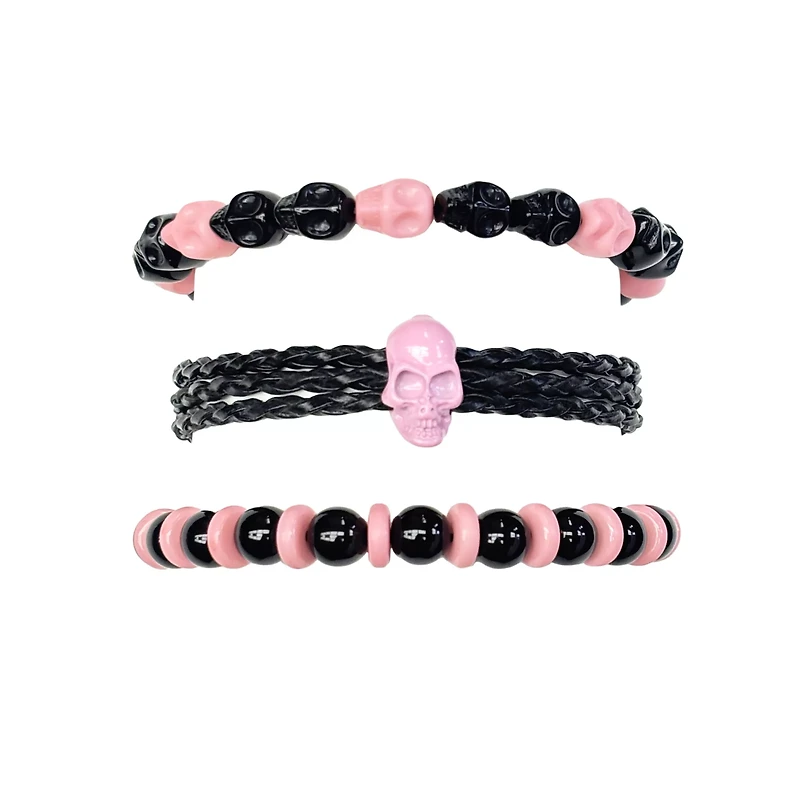 Multi-Pack Pink and Black Beaded Skull Bracelets - 3 Pack