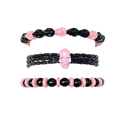Multi-Pack Pink and Black Beaded Skull Bracelets - 3 Pack