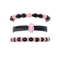 Multi-Pack Pink and Black Beaded Skull Bracelets - 3 Pack