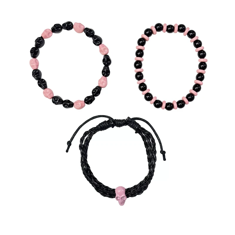 Multi-Pack Pink and Black Beaded Skull Bracelets - 3 Pack