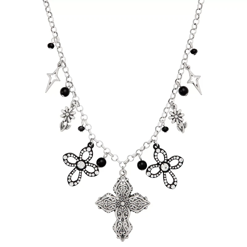 Cross and Flower Charm Necklace