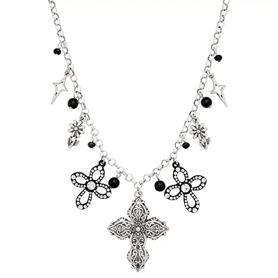 Cross and Flower Charm Necklace