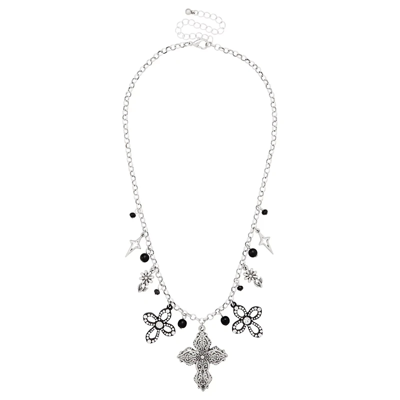 Cross and Flower Charm Necklace