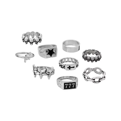 Multi-Pack Star-Studded Punk Silver-Tone Rings - 9 Pack