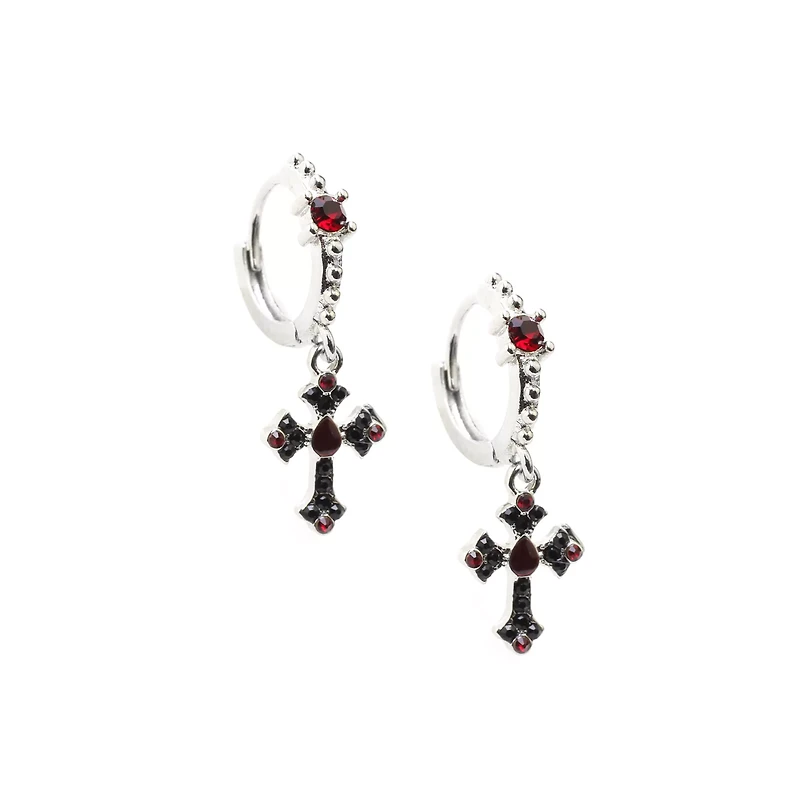 Black and Red Cross Dangle Huggie Hoop Earrings - 18 Gauge