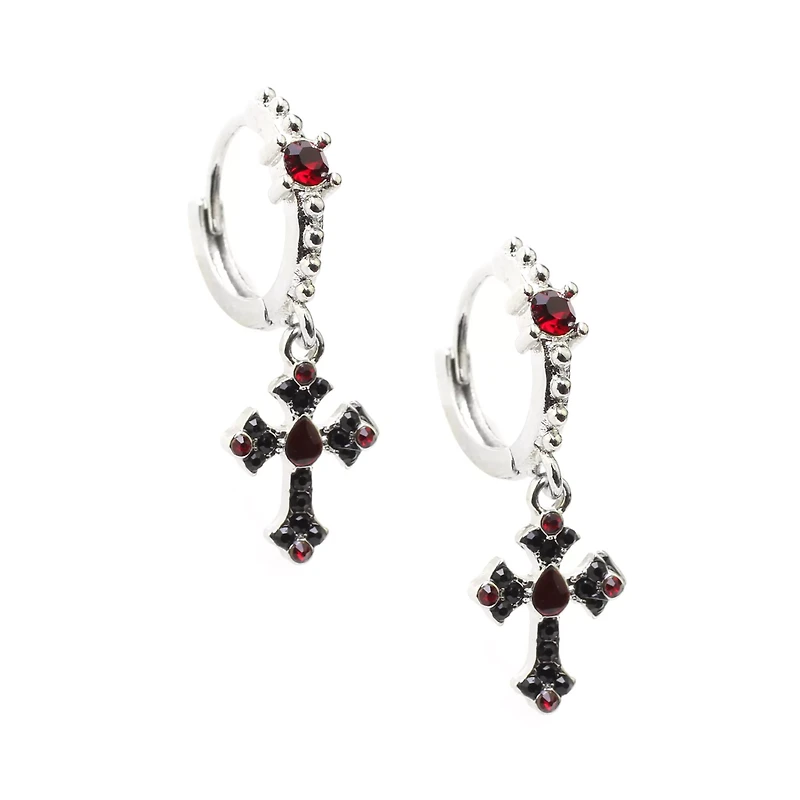 Black and Red Cross Dangle Huggie Hoop Earrings - 18 Gauge