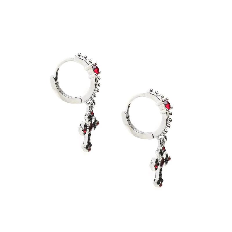 Black and Red Cross Dangle Huggie Hoop Earrings - 18 Gauge