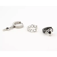 Multi-Pack Black CZ Cross Heart Black and Silver-Tone Dangle Huggie Hoops 3 Pack - 18 Gauge