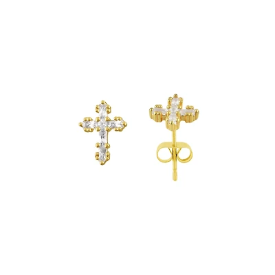 Clear CZ Cross Gold-Tone Stud Earrings - 20 Gauge