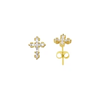 Clear CZ Cross Gold-Tone Stud Earrings - 20 Gauge