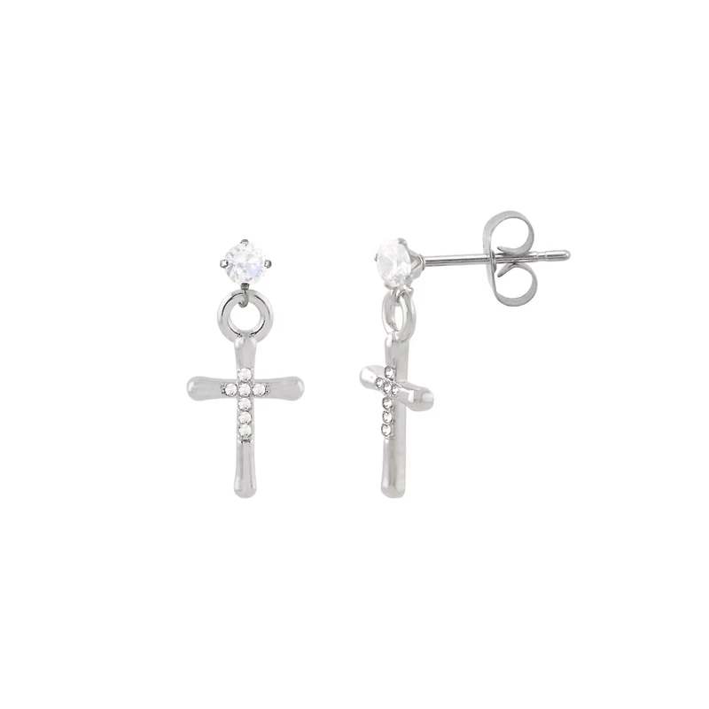 CZ Silver-Tone Cross Dangle Stud Earrings - 20 Gauge