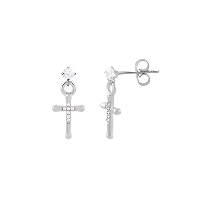 CZ Silver-Tone Cross Dangle Stud Earrings - 20 Gauge