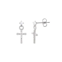 CZ Silver-Tone Cross Dangle Stud Earrings - 20 Gauge