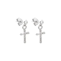 CZ Silver-Tone Cross Dangle Stud Earrings - 20 Gauge