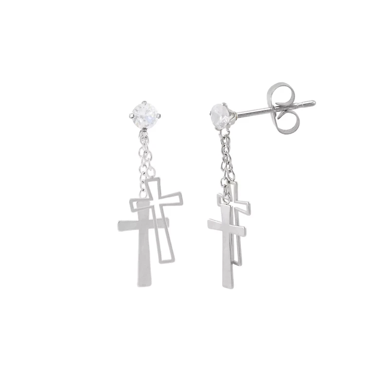 Clear CZ Double Cross Dangle Stud Earrings - 20 Gauge