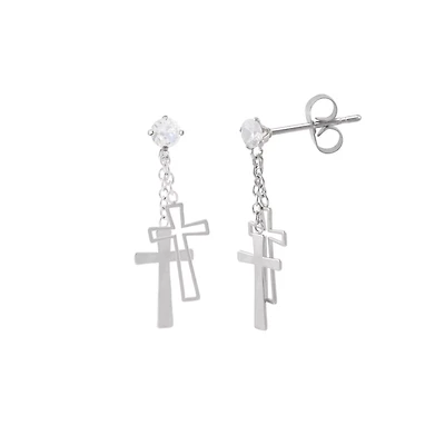 Clear CZ Double Cross Dangle Stud Earrings - 20 Gauge