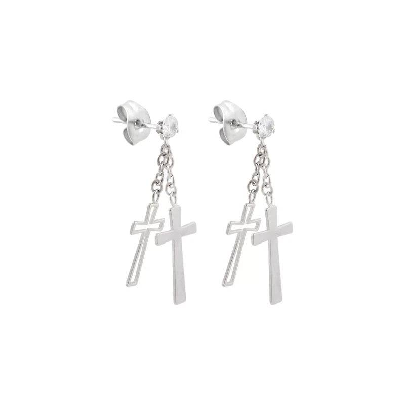 Clear CZ Double Cross Dangle Stud Earrings - 20 Gauge