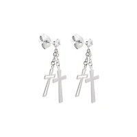 Clear CZ Double Cross Dangle Stud Earrings - 20 Gauge