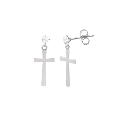 Clear CZ Cross Dangle Stud Earrings - 20 Gauge