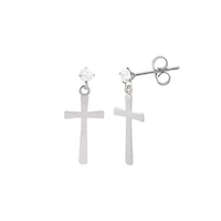 Clear CZ Cross Dangle Stud Earrings - 20 Gauge