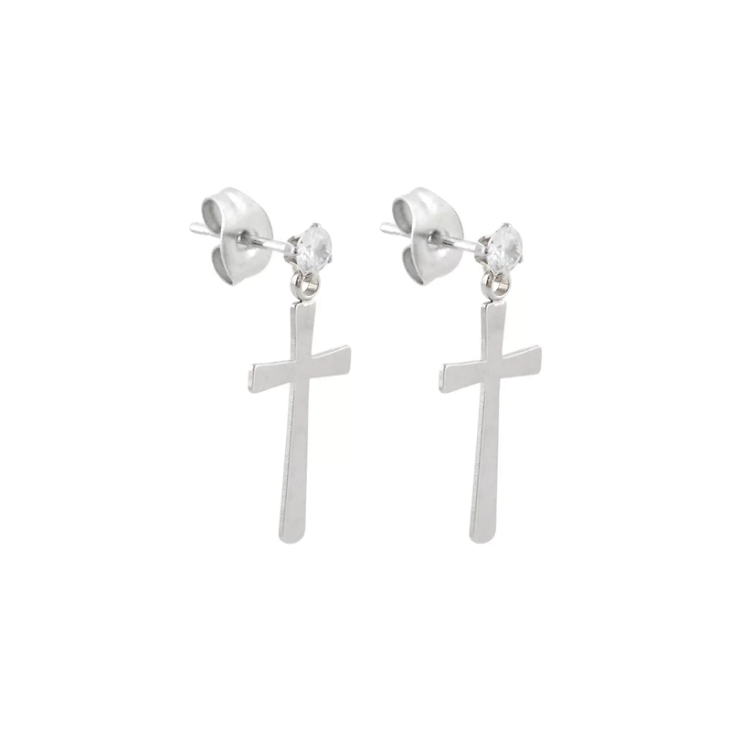 Clear CZ Cross Dangle Stud Earrings - 20 Gauge
