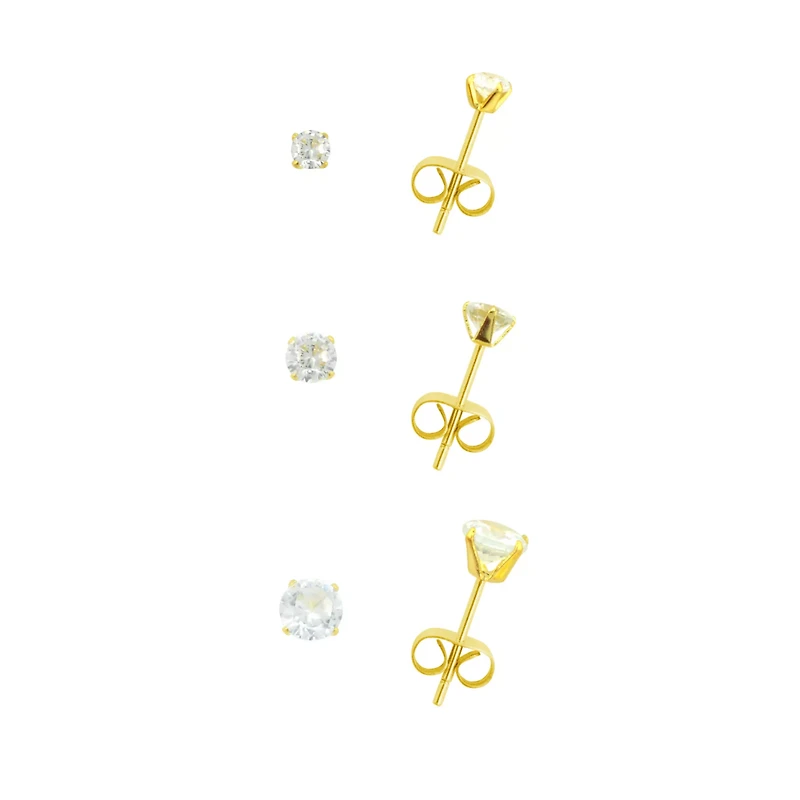 Multi-Pack Clear CZ 14K Gold-Plated Stud Earrings 3 Pair - 20 Gauge