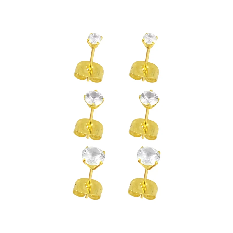 Multi-Pack Clear CZ 14K Gold-Plated Stud Earrings 3 Pair - 20 Gauge