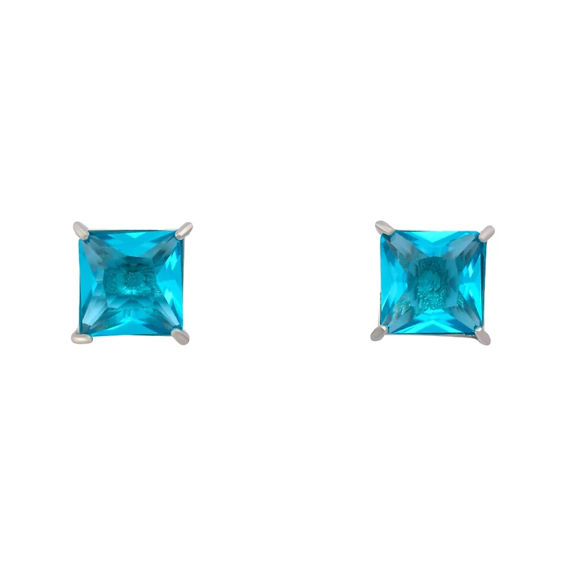 Blue CZ Square Stud Earrings - 20 Gauge