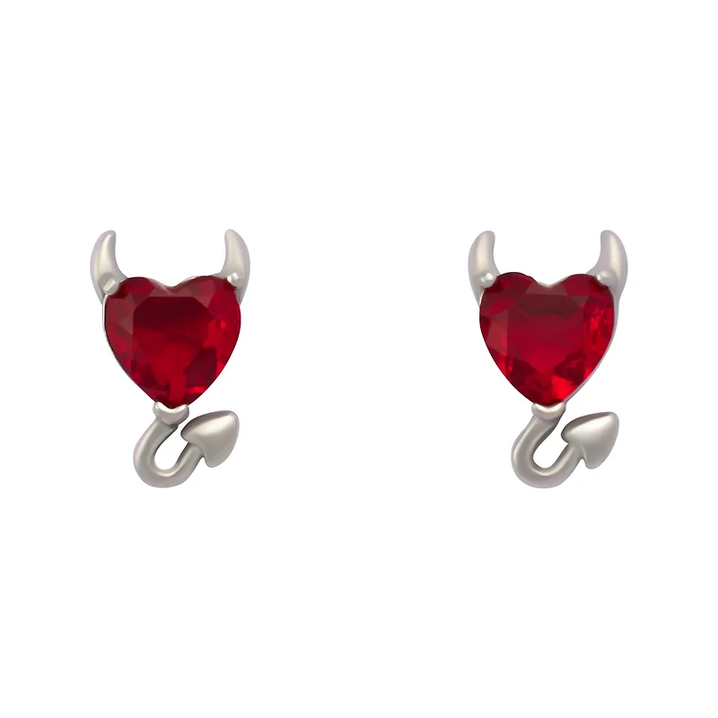Red CZ Devil Heart Stud Earrings - 20 Gauge