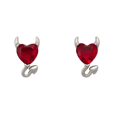 Red CZ Devil Heart Stud Earrings - 20 Gauge